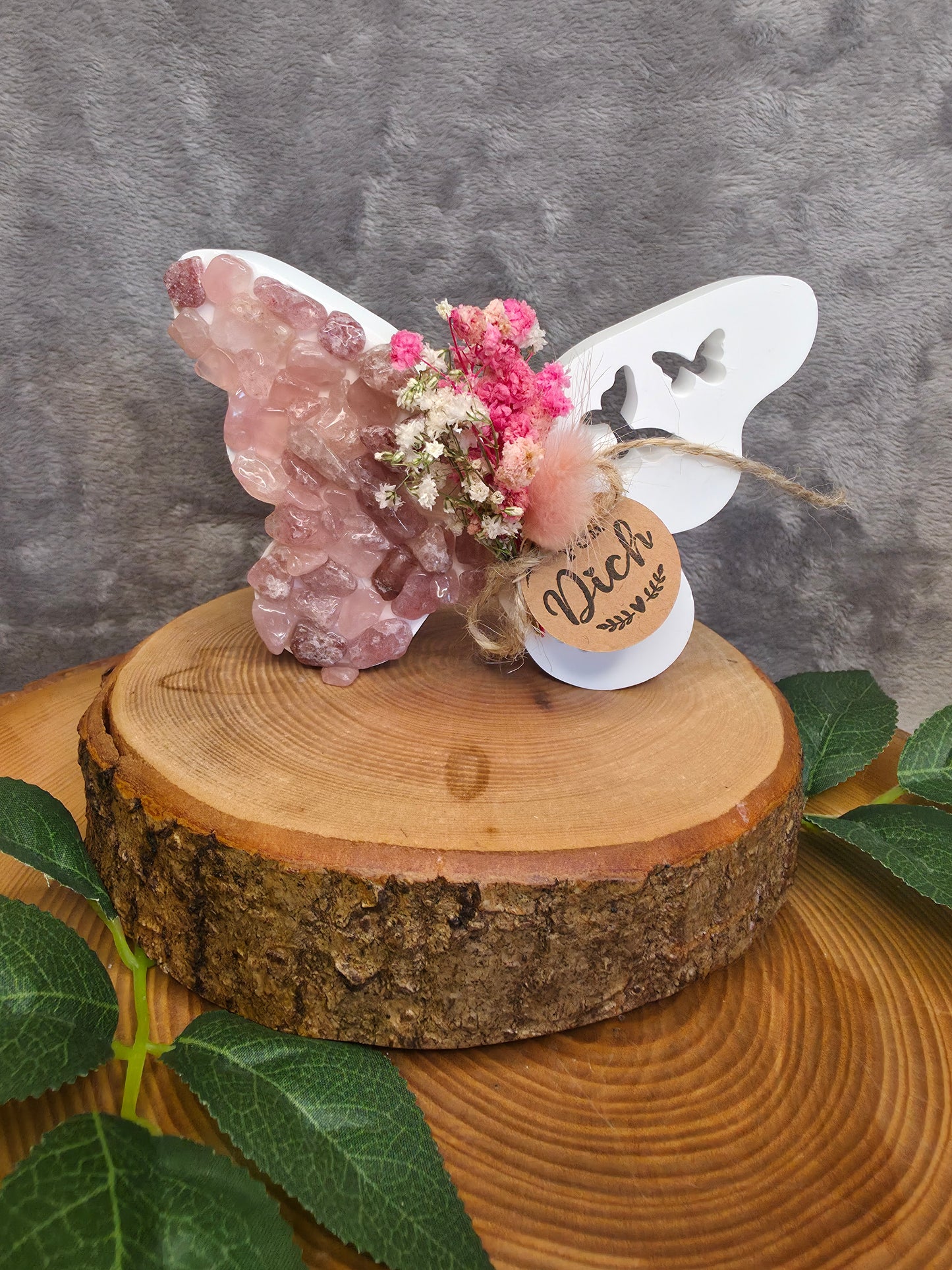 Deko Schmetterling mit Erdbeerquarz+Rosenquarz Splitter