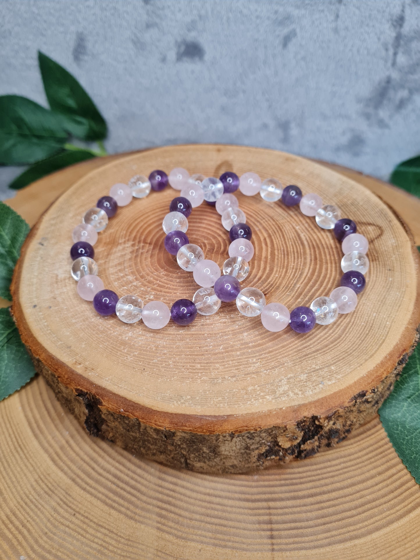 Amethyst, Bergkristall & Rosenquarz Kugelarmband