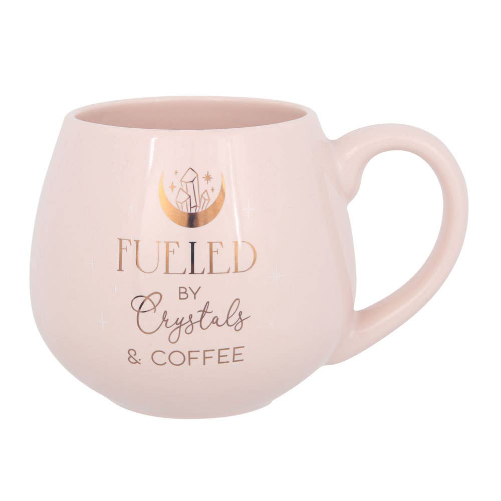 Abgerundeter Becher „Fueled by crystals and coffee“