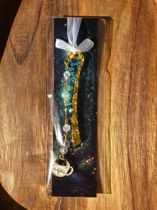 Lesezeichen (Katze in Tasse) mit 2 Aquamarin Perlen und Glasperlen goldfarben