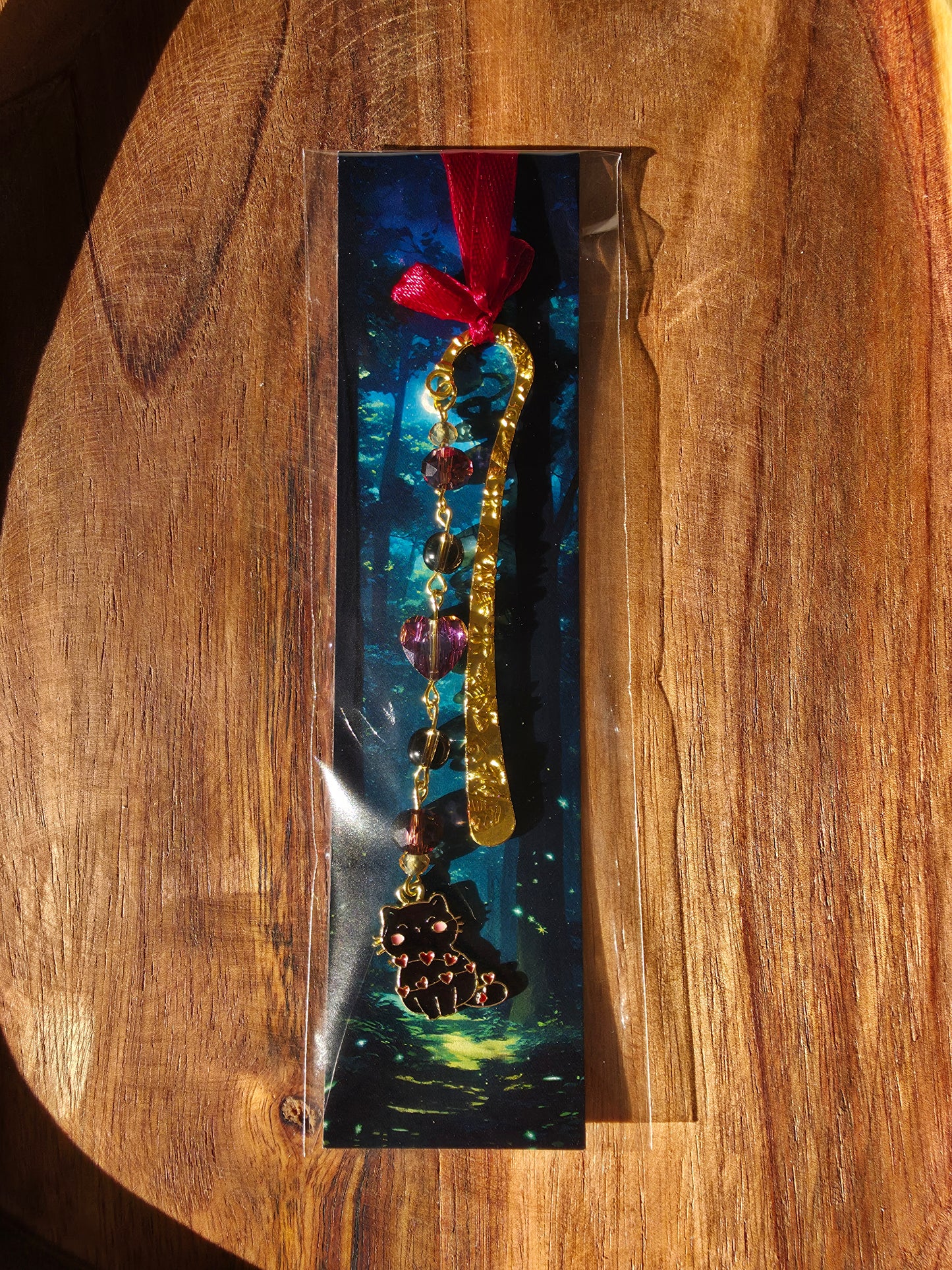 Lesezeichen (schwarze Katze) mit 2 Rauchquarz Perlen und Glasperlen goldfarben