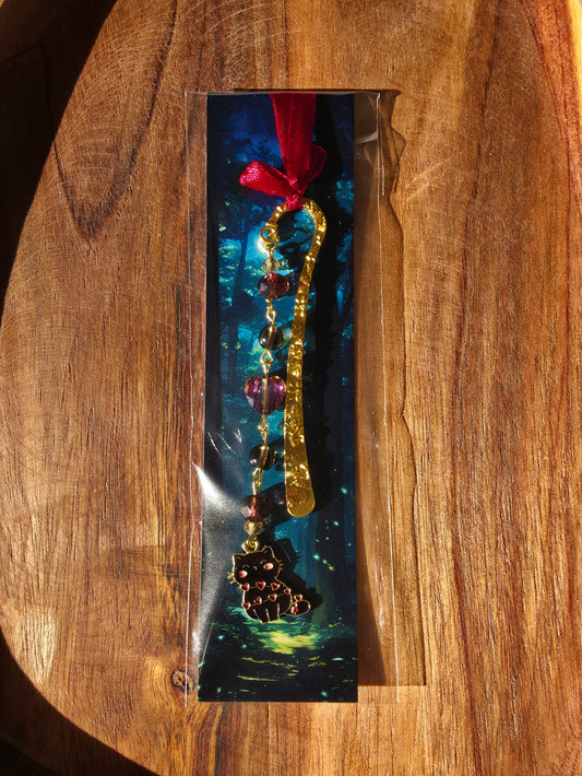 Lesezeichen (schwarze Katze) mit 2 Rauchquarz Perlen und Glasperlen goldfarben