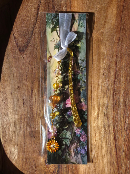 Lesezeichen (Blume) mit 2 gebrannte Citrin Perlen und Glasperlen goldfarben