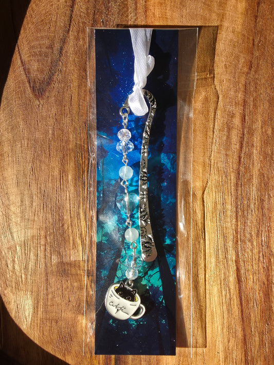 Lesezeichen (Katze in Tasse) mit 2 Aquamarin Perlen und Glasperlen silberfarben