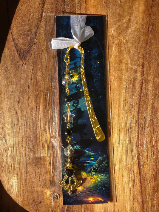 Lesezeichen (Armor's Pfeil/Bogen) mit 2 Onyx Perlen und Glasperlen goldfarben